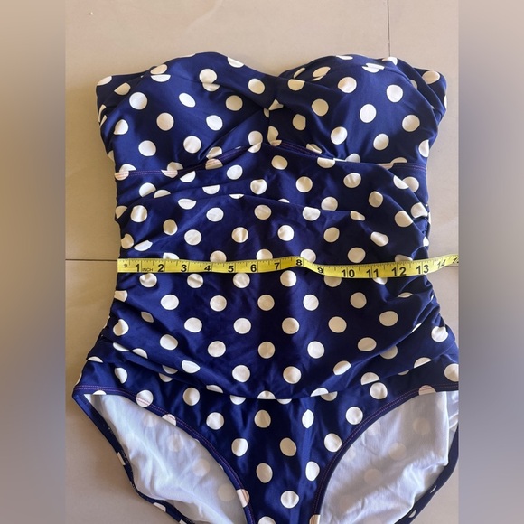 Boden One Piece Swimsuit Bathing Suit Polka Dot Blue White Size 12 Missing Strap - Picture 13 of 16